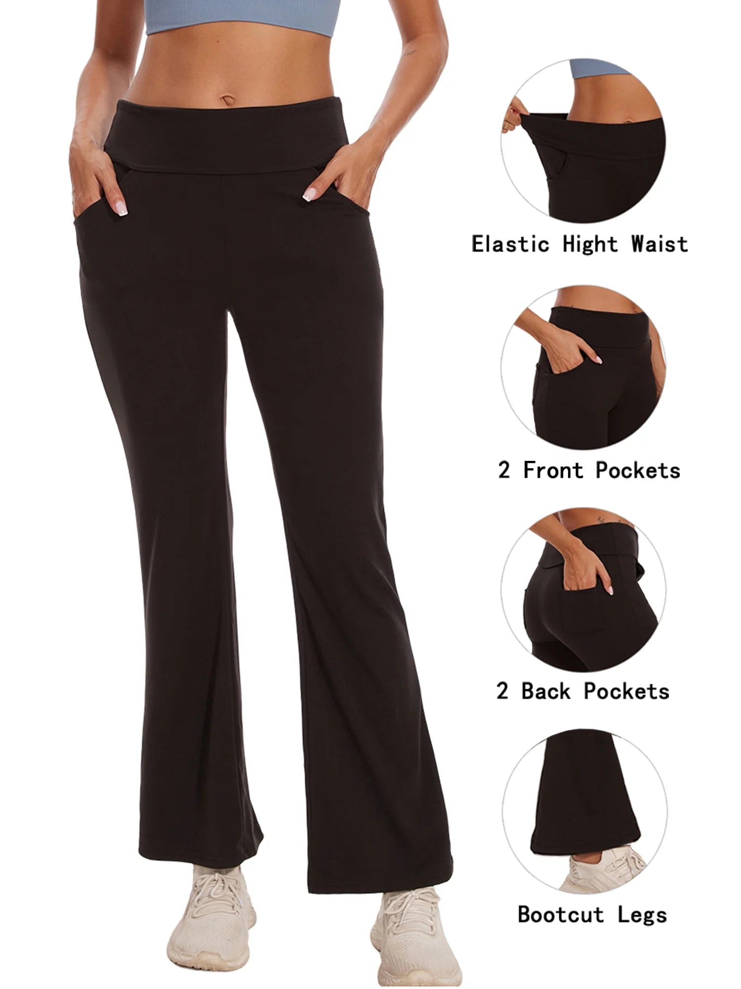 Womens Bootcut Yoga Pants Flare Workout Legging with Pockets High Waist Lightweight Bottoms Activewear Black L