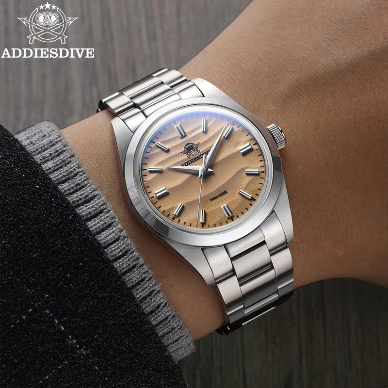 Men'S Watch Sand Dial 36Mm Quartz Watch 100M Waterproof 316L Stainless Steel AR Coated Dome Glass Wristwatch for Men