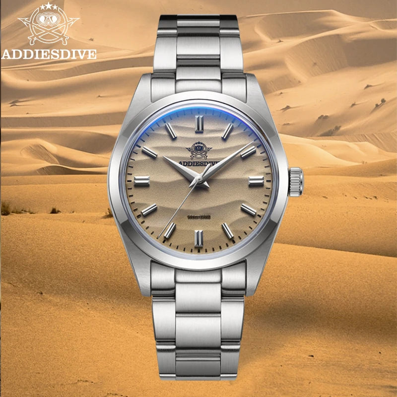 Men'S Watch Sand Dial 36Mm Quartz Watch 100M Waterproof 316L Stainless Steel AR Coated Dome Glass Wristwatch for Men