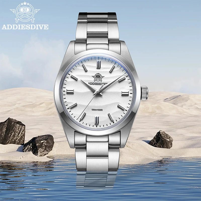 Men'S Watch Sand Dial 36Mm Quartz Watch 100M Waterproof 316L Stainless Steel AR Coated Dome Glass Wristwatch for Men